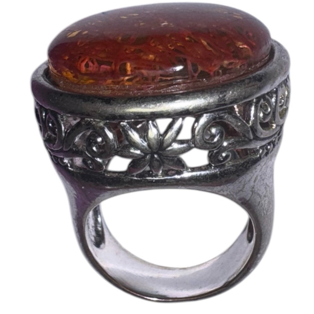 Large Red Rutilated Quartz Ring with Silver Tone Floral Setting - Picture 2 of 7